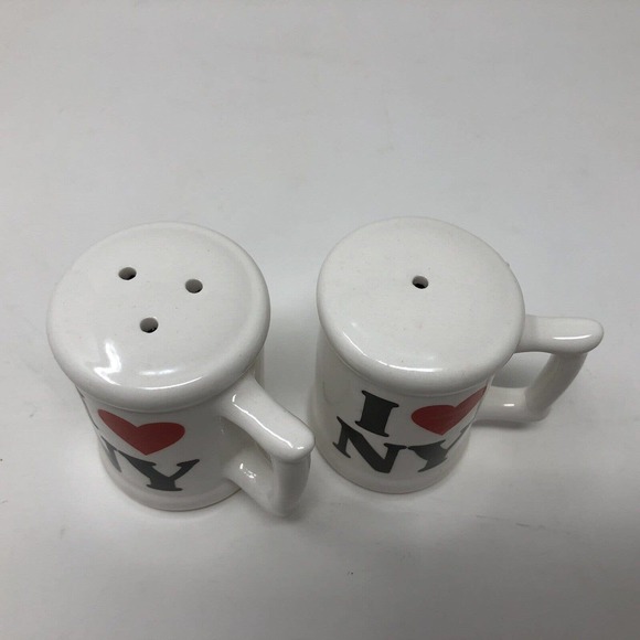 I Love New York NY Salt Pepper Shakers Set Mug Shape Handle Karol Western Korea - Picture 7 of 9